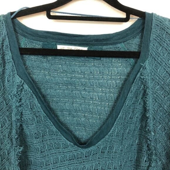 We The Free Thiens Hacci Teal Oversized Top XS Lightweight Textured Knit Raw Hem - Picture 3 of 9
